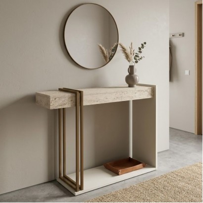 Κονσόλα Desca Megapap χρώμα travertine - sandstone - χρυσό 91,8x29,6x74,2εκ.