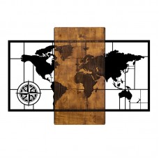 Διακοσμητικό τοίχου World Map Megapap ξύλινο - μεταλλικό χρώμα καρυδί - μαύρο 85x3x58εκ.
