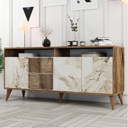 Μπουφές Milan Megapap χρώμα καρυδί - λευκό εφέ μαρμάρου 180x35x78,6εκ.