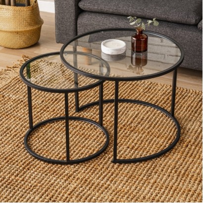 Τραπεζάκι σαλονιού σετ 2 τμχ Vetro Megapap μέταλλο - γυαλί χρώμα μαύρο Ø60x43εκ.