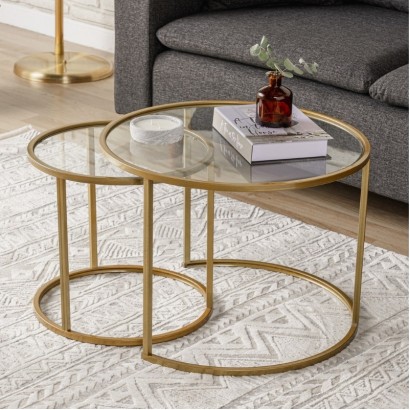 Τραπεζάκι σαλονιού σετ 2 τμχ Vetro Megapap μέταλλο - γυαλί χρώμα χρυσό Ø60x43εκ.