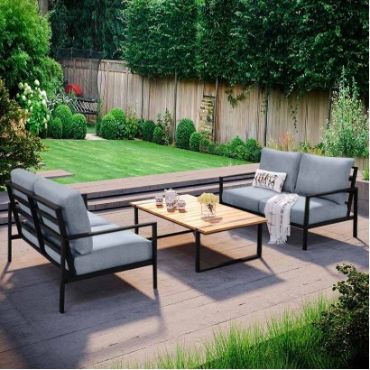 Σαλόνι κήπου Ermis Megapap σετ 3 τμχ μέταλλο - ξύλο χρώμα μαύρο - γκρι