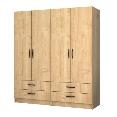 Ντουλάπα ρούχων Ricardo Megapap τετράφυλλη με συρτάρια χρώμα φυσικό οξιάς 160x51,8x181εκ.