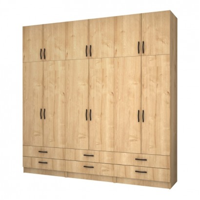 Ντουλάπα ρούχων Ricardo Megapap εξάφυλλη με πατάρι και συρτάρια χρώμα φυσικό οξιάς 240x51,8x240εκ.
