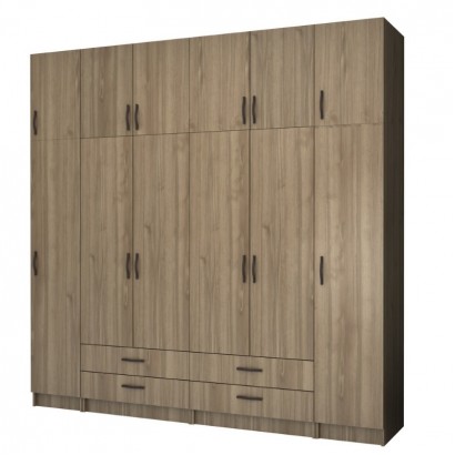 Ντουλάπα ρούχων Ricardo Megapap εξάφυλλη με πατάρι και συρτάρια χρώμα καρυδί 240x51,8x240εκ.