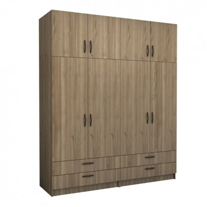 Ντουλάπα ρούχων Victoria Megapap τετράφυλλη με πατάρι και συρτάρια χρώμα καρυδί 200x60x240εκ.