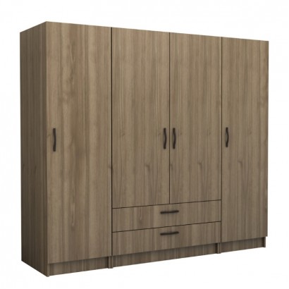 Ντουλάπα ρούχων Victoria Megapap τετράφυλλη με συρτάρια χρώμα καρυδί 200x60x181εκ.
