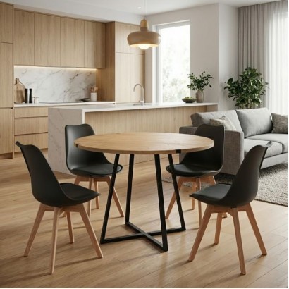 Σετ τραπεζαρία 5τμχ Rubes - Viva Megapap χρώμα φυσικό οξιάς - μαύρο Ø100x78εκ.