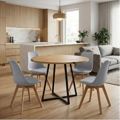 Σετ τραπεζαρία 5τμχ Rubes - Viva Megapap χρώμα φυσικό οξιάς - γκρι Ø100x78εκ.