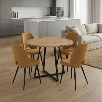 Σετ τραπεζαρία 5τμχ Rubes - Christy Megapap χρώμα φυσικό οξιάς - μουσταρδί Ø100x78εκ.