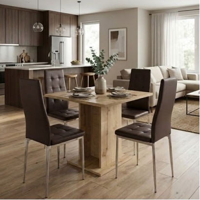 Σετ τραπεζαρία 5τμχ Allos - Rosa Megapap χρώμα sapphire oak - καφέ/χρωμίου πόδι 75x75x77εκ.