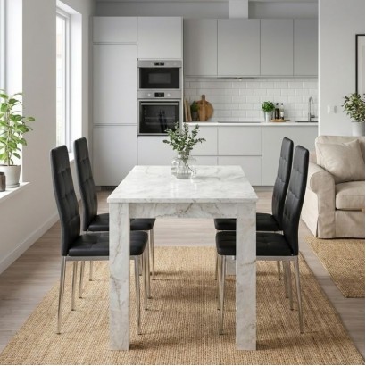 Σετ τραπεζαρία 5τμχ Darlen - Rosa Megapap χρώμα λευκό εφέ μαρμάρου - μαύρο/χρωμίου πόδι 125x72x74εκ.