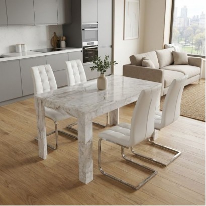 Σετ τραπεζαρία 5τμχ Darlen - Vela Megapap χρώμα λευκό εφέ μαρμάρου - λευκό 125x72x74εκ.