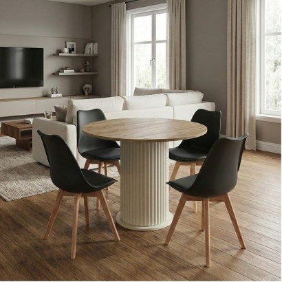 Σετ τραπεζαρία 5τμχ Bohema - Viva Megapap χρώμα ivory/sepet oak - μαύρο/φυσικό πόδι Ø90x77,7εκ.