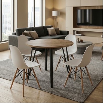 Σετ τραπεζαρία 5τμχ Xana - Nova Megapap χρώμα sepet oak - λευκό Ø90x77,5εκ.