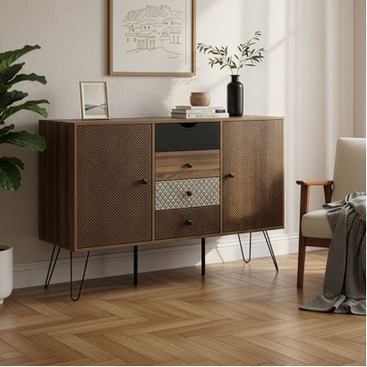 Μπουφές Boho pakoworld με τέσσερα συρτάρια καρυδί μεταλλικά πόδια 122x39,5x86εκ