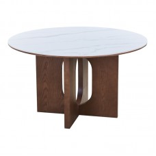 Τραπέζι Merge pakoworld sintered stone-mdf σε λευκό μαρμάρου με καρυδί βάση Φ130x75εκ