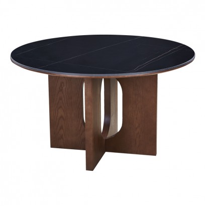 Τραπέζι Merge pakoworld sintered stone-mdf σε μαύρο μαρμάρου με καρυδί βάση Φ130x75εκ