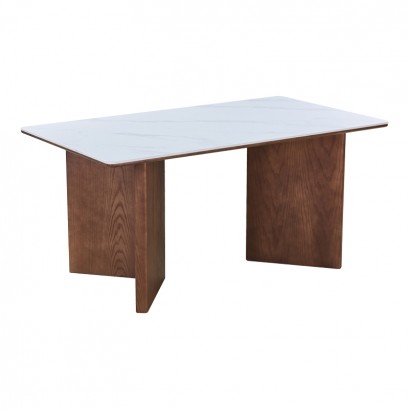 Τραπέζι Versy pakoworld sintered stone-mdf σε λευκό μαρμάρου με καρυδί βάση 160x90x75εκ