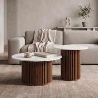 Τραπέζι σαλονιού Skerta pakoworld σετ 2τεμ λευκό sintered stone mdf με καρυδί βάση