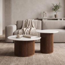 Τραπέζι σαλονιού Skerta pakoworld σετ 2τεμ λευκό sintered stone mdf με καρυδί βάση Τραπέζι σαλονιού Skerta pakoworld σετ 2τεμ λευκό sintered stone mdf με καρυδί βάση