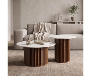 Τραπέζι σαλονιού Skerta pakoworld σετ 2τεμ λευκό sintered stone mdf με καρυδί βάση Τραπέζι σαλονιού Skerta pakoworld σετ 2τεμ λευκό sintered stone mdf με καρυδί βάση