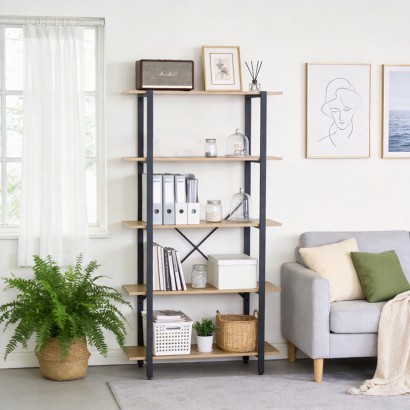 Βιβλιοθήκη Nebranzo pakoworld oak με μαύρο μέταλλο 80x34x155.3εκ Βιβλιοθήκη Nebranzo pakoworld oak με μαύρο μέταλλο 80x34x155.3εκ