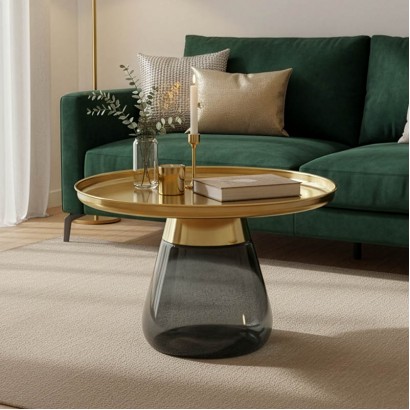 Βοηθητικό τραπέζι Kunlo Inart χρυσό χρώμιο-μαύρο γυαλί Φ60x42εκ