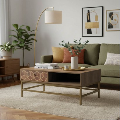 Τραπέζι σαλονιού Brilo Inart καφέ-χρυσό ξύλο 101x59x43εκ