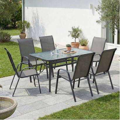 Tραπεζαρία Calan-Ensure pakoworld σετ 7τεμ σκούρο ανθρακί μέταλλο και textilene ανθρακί 140x80x70εκ
