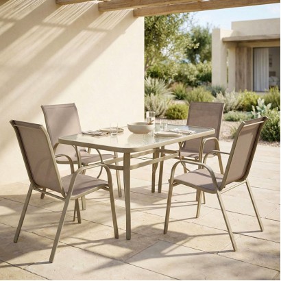 Τραπεζαρία Ensure-Calan pakoworld 5τεμ μέταλλο-γυαλί σε σαμπανιζέ απόχρωση 140x80x70εκ