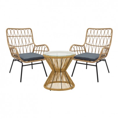 Σαλόνι Naoki-Mabil pakoworld σετ 3τεμ pe rattan σε φυσική απόχρωση με μαύρο μέταλλο