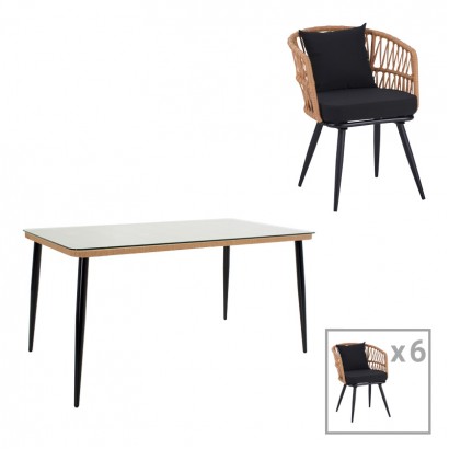 Τραπεζαρία Naoki σετ 7 τεμ pakoworld μέταλλο μαύρο-pe φυσικό-γυαλί 160x90x78εκ