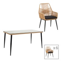 Τραπεζαρία Naoki-Tanish σετ 7τεμ pakoworld μέταλλο μαύρο-pe φυσικό-γυαλί 160x90x78εκ