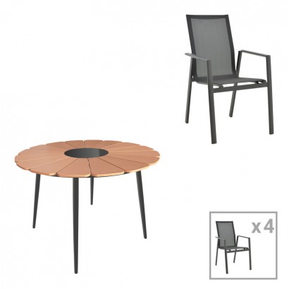 Τραπεζαρία Pinap-Dashiell σετ 5τεμ pakoworld μαύρο αλουμίνιο και plywood σε φυσική απόχρωση Φ110x74εκ