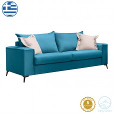 Καναπές Verona pakoworld 3θέσιος πετρόλ ύφασμα με μαξιλάρια σε μπεζ απόχρωση 225x93x100εκ