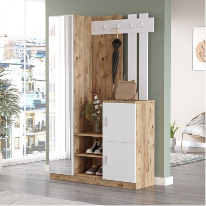 Έπιπλο εισόδου Saron με καθρέπτη pakoworld σε oak-λευκή απόχρωση 113x35x180εκ