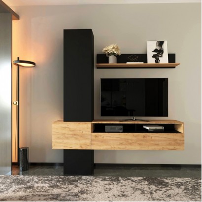 Σύνθετο σαλονιού Wendy pakoworld σε oak-μαύρη απόχρωση 195.1x37.3x219.1εκ