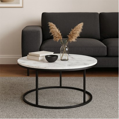 Τραπέζι σαλονιού Sikele pakoworld λευκή όψη μαρμάρου και μαύρα μεταλλικά πόδια Φ60x40εκ