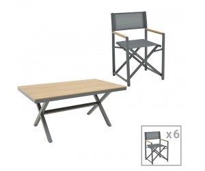 Τραπεζαρία Mabu-Thorio σετ 7τεμ pakoworld ανθρακί αλουμίνιο και plywood σε φυσική απόχρωση 160x90x75εκ