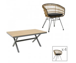 Τραπεζαρία Naoki-Thorio σετ 5τεμ pakoworld ανθρακί αλουμίνιο και plywood σε φυσική απόχρωση 160x90x75εκ