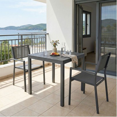 Τραπεζαρία Moly - Kliton Ι σετ 3τεμ pakoworld ανθρακί αλουμίνιο και textilene σε ανθρακί απόχρωση 80x80x74εκ