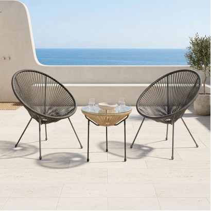Σαλόνι Εξωτερικού Χώρου Acapulco pakoworld  Σετ 3τεμ μαύρο μέταλλο με pe rattan σε φυσική απόχρωση Φ50x52εκ