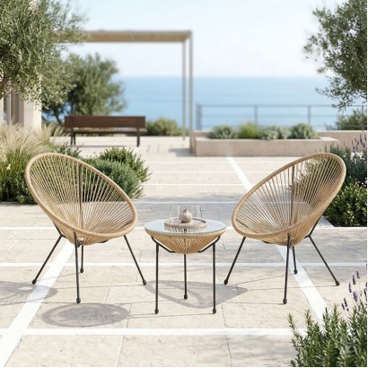 Σαλόνι Εξωτερικού Χώρου Acapulco pakoworld  Σετ 3τεμ μέταλλο μαύρο με pe rattan σε φυσική απόχρωση Φ50x52εκ