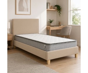 Κρεβάτι με στρώμα Nevil-Perfecto pakoworld ύφασμα εκρού-πόδι φυσική απόχρωση 90x190εκ