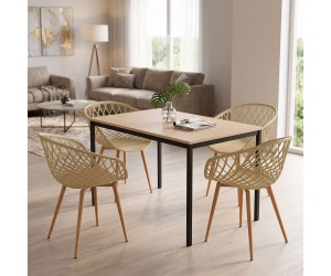 Τραπεζαρία με Πολυθρόνες Ezra cappuccino και Τραπέζι Faragio μαύρο με φυσική απόχρωση 120x75x75εκ Σετ 5τεμ
