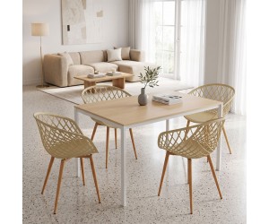 Τραπεζαρία με Πολυθρόνες Ezra cappuccino και Τραπέζι Faragio λευκό με φυσική απόχρωση 120x75x75εκ Σετ 5τεμ