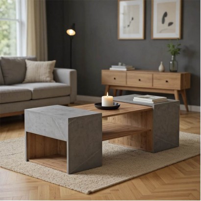 Τραπέζι σαλονιού Morfi pakoworld πολυμορφικό 3τεμ σε oak-μπεζ μαρμάρου απόχρωση 105x45x37εκ