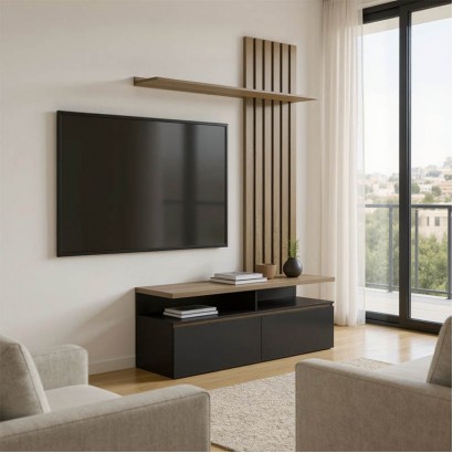 Σύνθετο σαλονιού Perlento pakoworld σε μαύρο με sonoma απόχρωση 140x41x219.5εκ