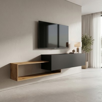 Έπιπλο τηλεόρασης επιτοίχιο Olande pakoworld oak-μαύρο 210x35x48εκ Έπιπλο τηλεόρασης επιτοίχιο Olande pakoworld oak-μαύρο 210x35x48εκ